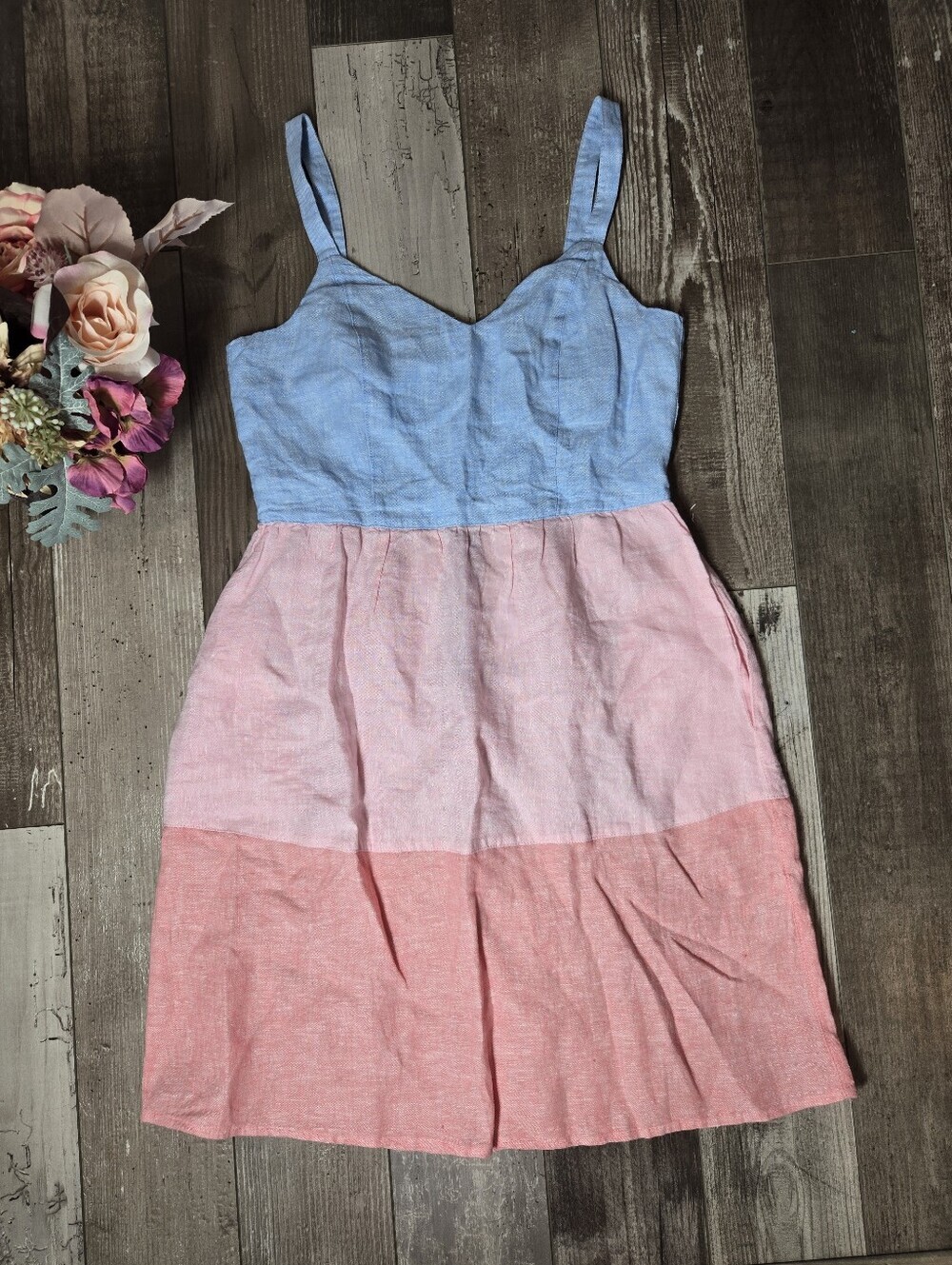 Cynthia Rowley Blue and Pink Colorblock Tiered Linen Midi Dress Size XS NWOT